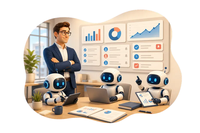Manager reviewing automation dashboards with AI assistants