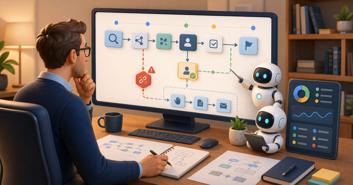 Operations leader reviewing a fragile workflow with a human checkpoint and fallback path while friendly automation assistants help analyze the process.