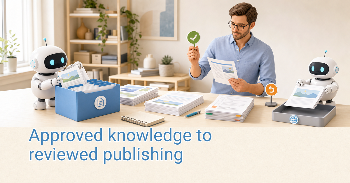 A human reviews marketing content while two friendly robots organize source documents and route a page for authorized publishing.