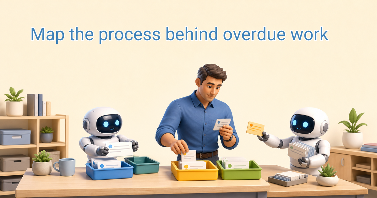 Operations leader resolving a stalled task handoff with two robot assistants.