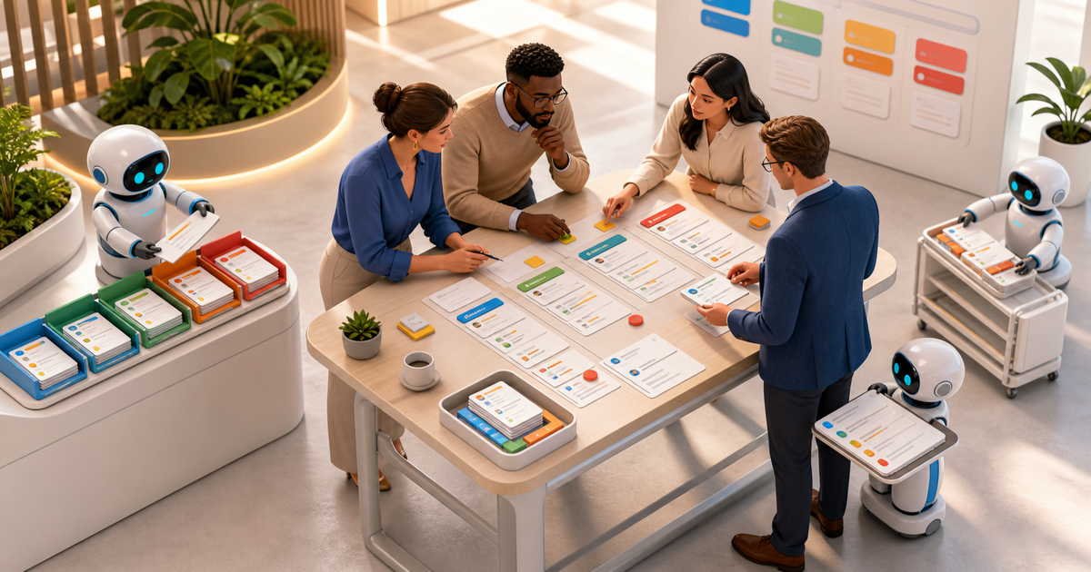 Managers review task follow-up cards while small robots organize requests and blockers for human approval.