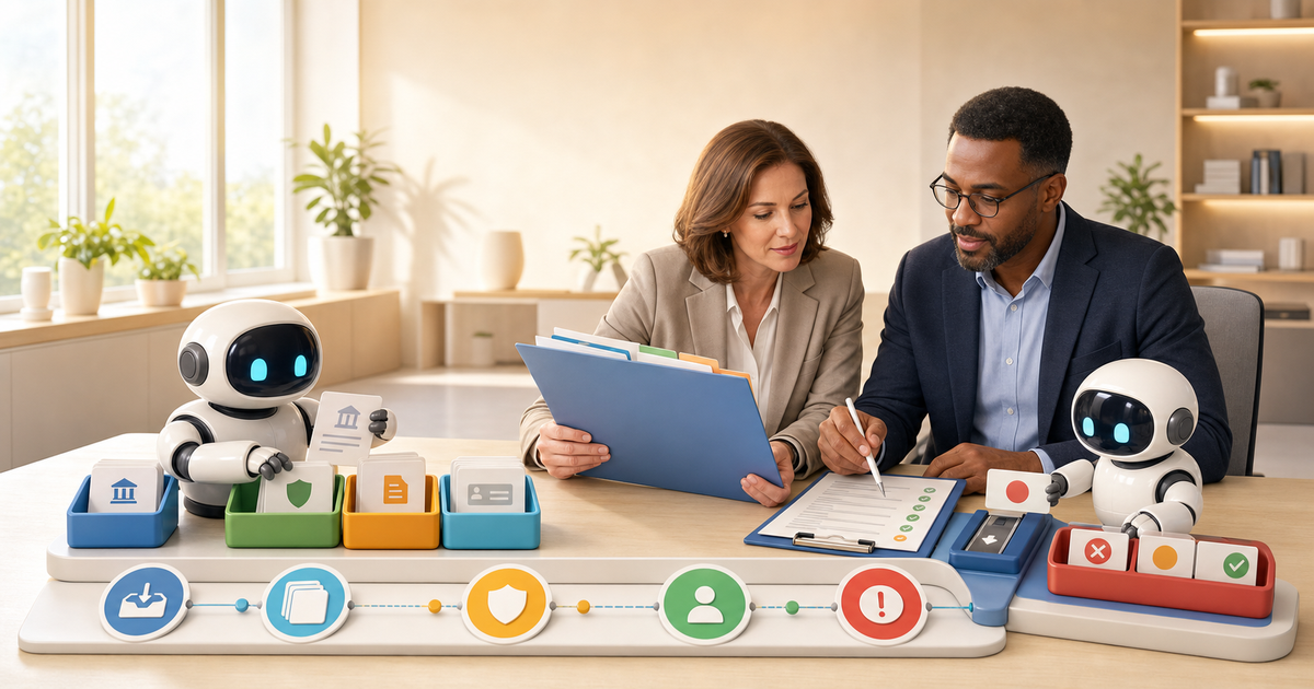 Procurement and finance managers review vendor onboarding approvals while small robots sort documents and exceptions.