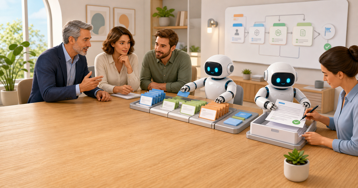 Consulting team reviewing a lead-to-project handoff checklist while supportive robots organize intake, proposal, scheduling, and reporting materials.