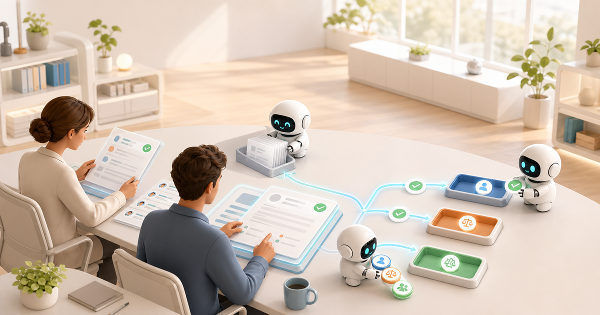 HR team reviewing offer documents while small automation robots organize hiring data and approval routing.
