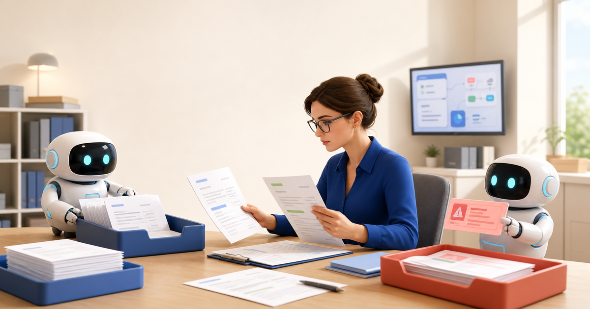 Finance reviewer compares supplier invoices while automation assistants organize intake and exception review.