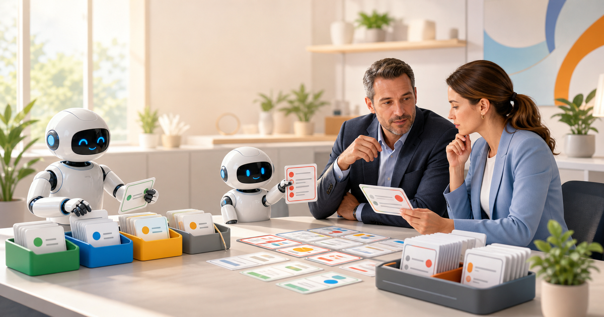 Sales team reviewing follow-up workflow cards with robots preparing owner assignments and exception evidence.
