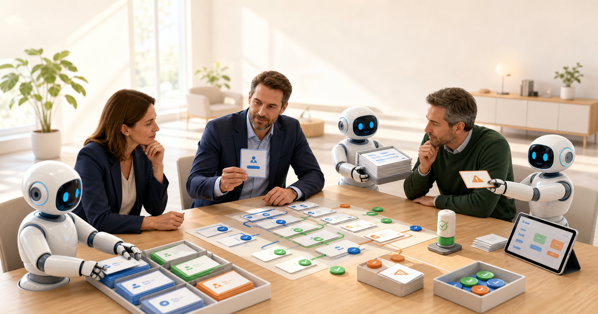 Leaders reviewing workflow handoffs with friendly robots supporting role-based automation tasks