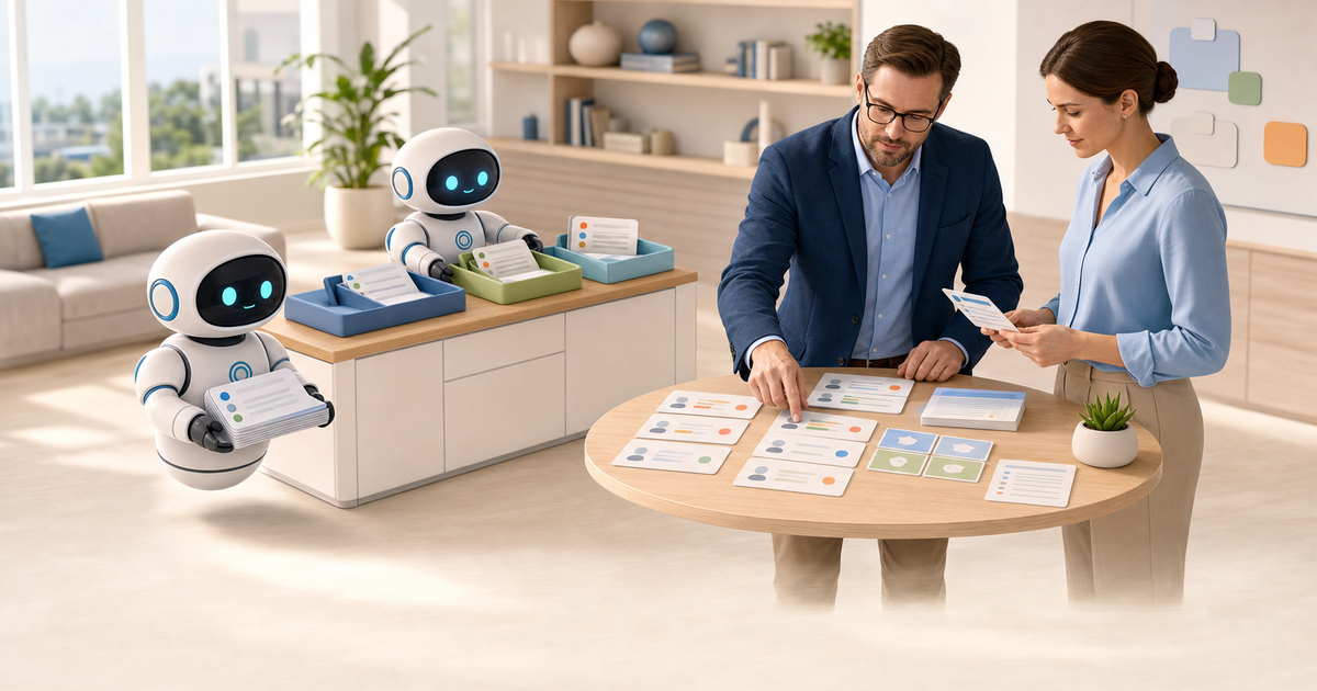 Managers review structured call summaries and scoring cards with supportive automation robots.