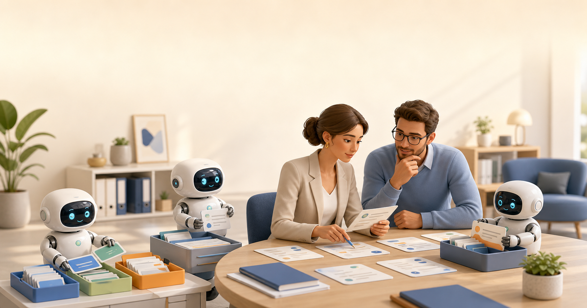 HR team reviewing employee requests with robots sorting routine questions for a governed helpdesk workflow.