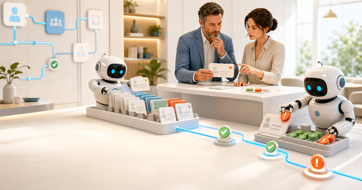 A manager reviews unresolved request cards while automation robots organize a verified follow-up queue.