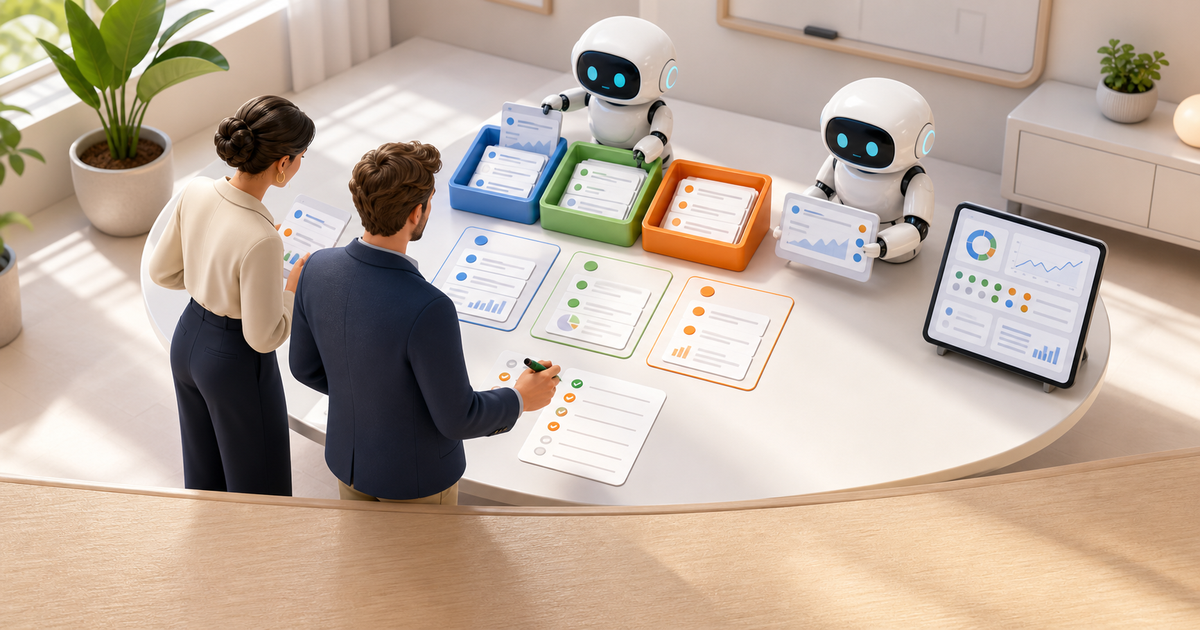 Marketing leaders review search, store, and paid-media signals while robots organize briefing materials