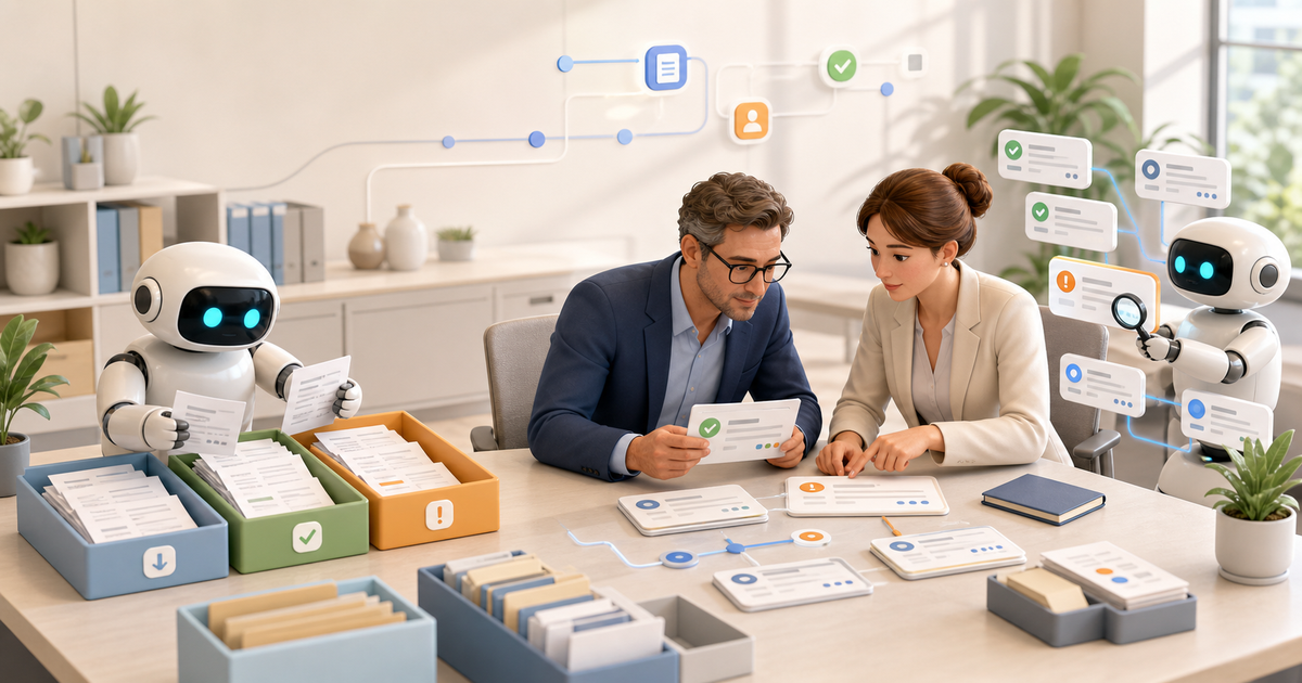 Finance leaders review an invoice exception while automation robots organize intake, matching, and exception trays.