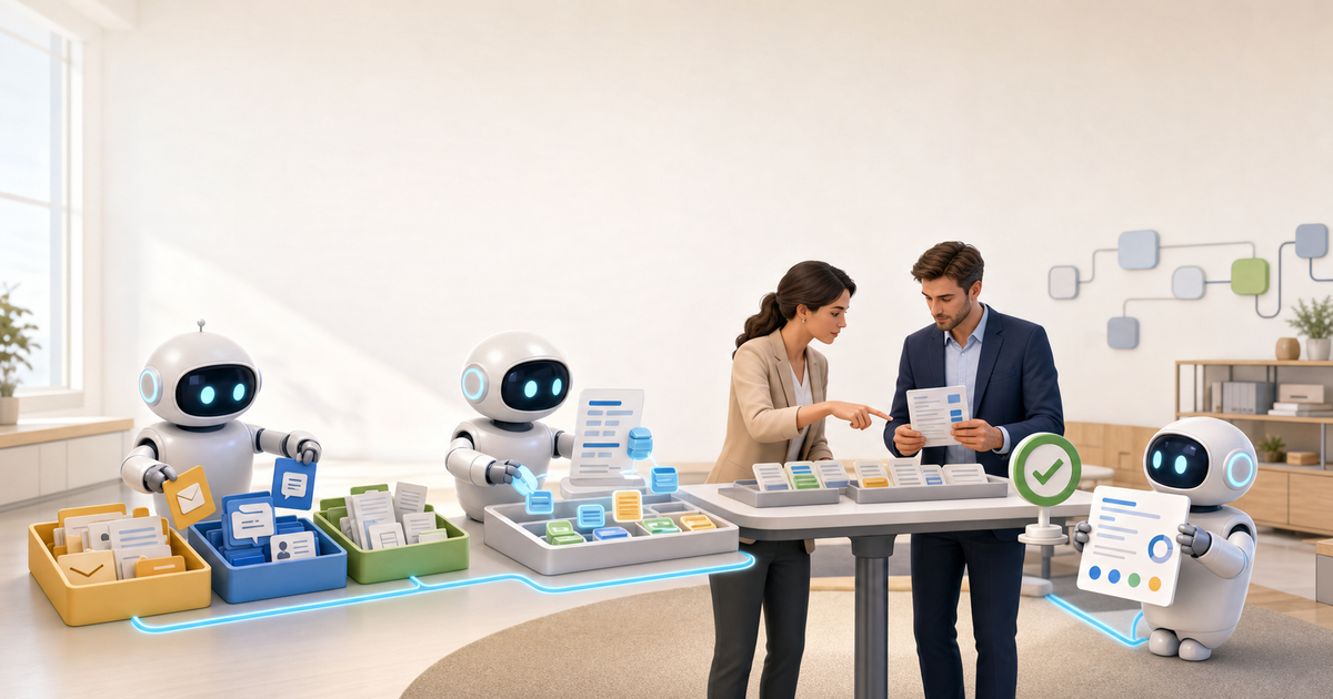KeepSolid Automations illustration of people reviewing AI-sorted business inputs with supportive robots