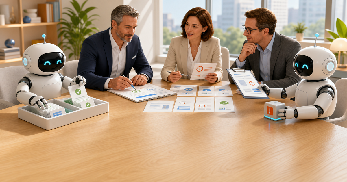 Leaders review a governed KPI brief while friendly robots organize metric cards and evidence.