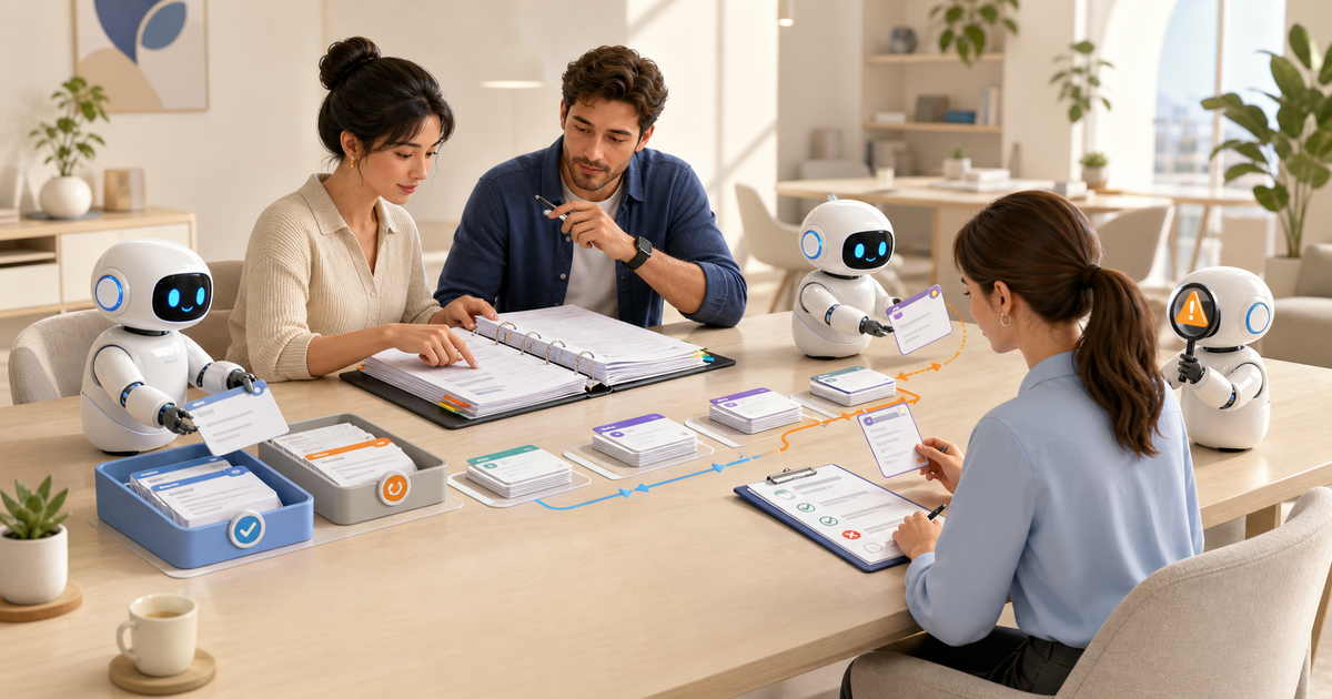 A human-led policy knowledge and localization review workflow with supporting robots organizing approved sources and escalation cards.