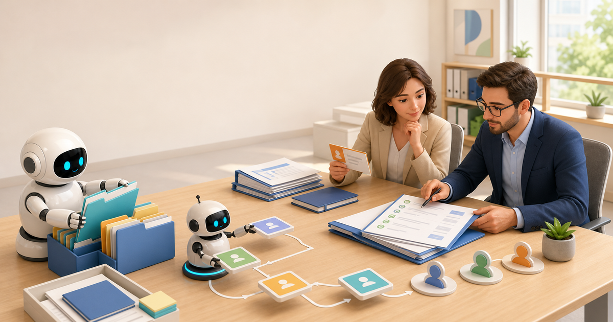 Procurement reviewers evaluate vendor onboarding documents and purchasing approvals with supportive automation robots.