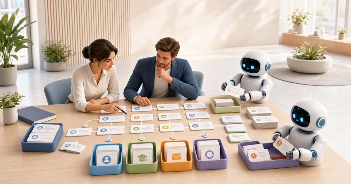 People reviewing lifecycle email workflow cards while robots organize approved customer event steps