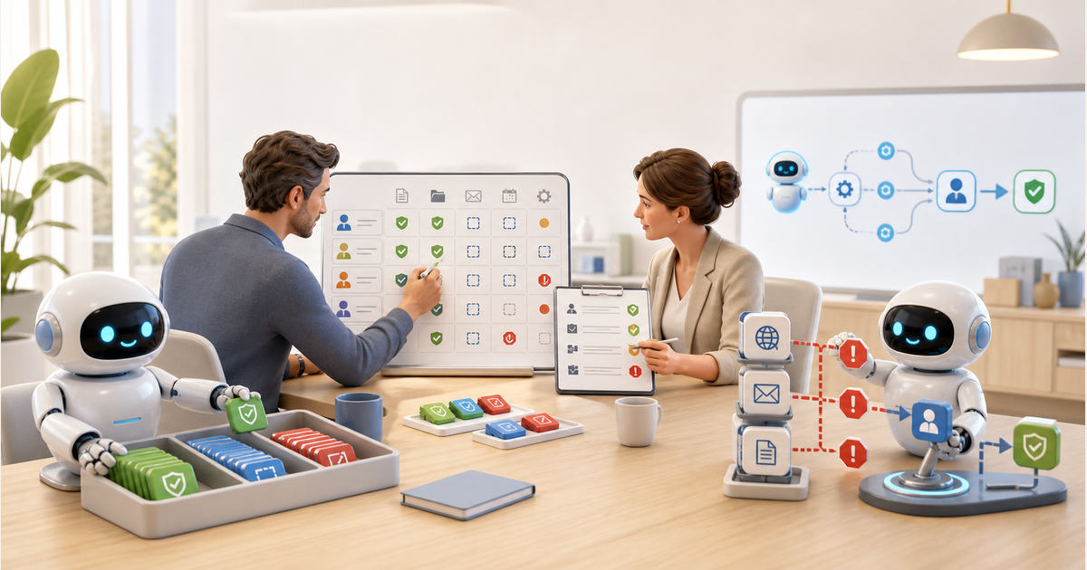 Business team reviewing AI-agent tool permissions and approval checkpoints with supportive robots.