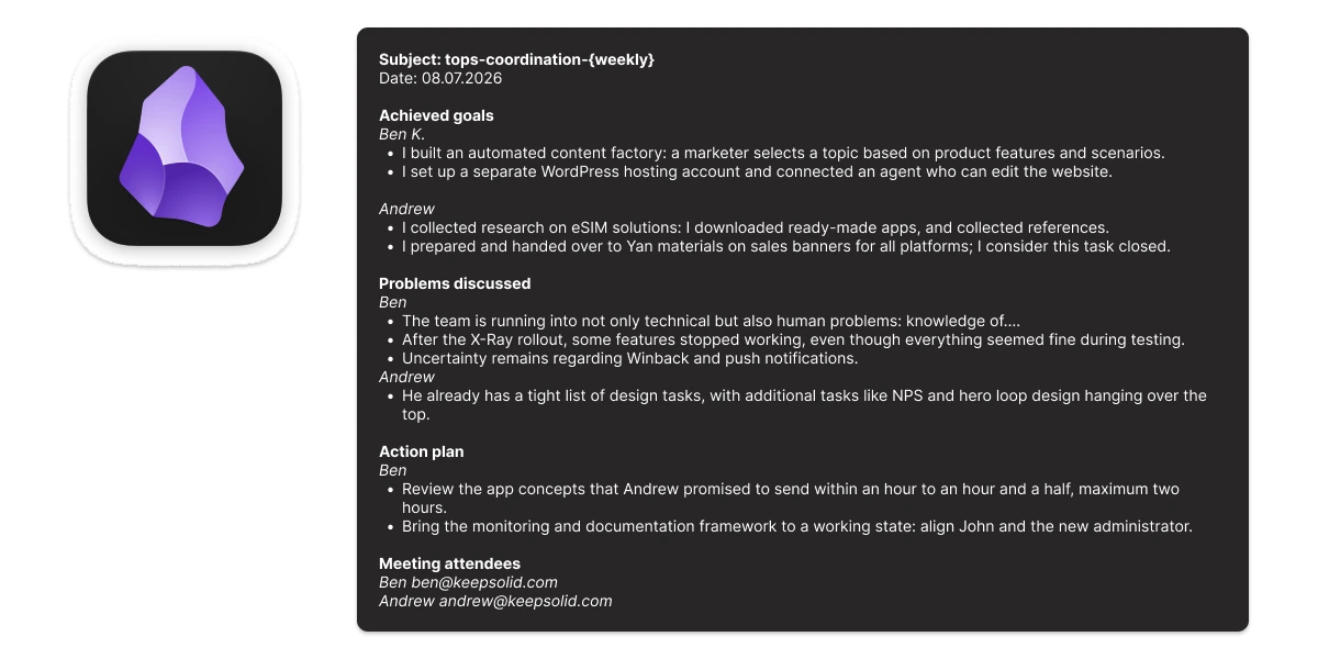 Automated team meeting notes with achieved goals, problems, action plan, and attendees